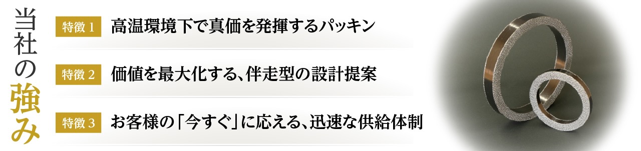 当社の強み「特徴1 高温環境下で真価を発揮するパッキン」「特徴2 価値を最大化する、伴走型の設計提案」「特徴3 お客様の『今すぐ』に応える、迅速な供給体制」と、金属製パッキンの製品画像。